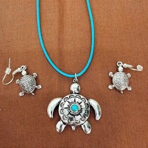 Turtle Jewelry SET Necklace & Earrings Silver Turquoise Cord Boho Coastal Beachy